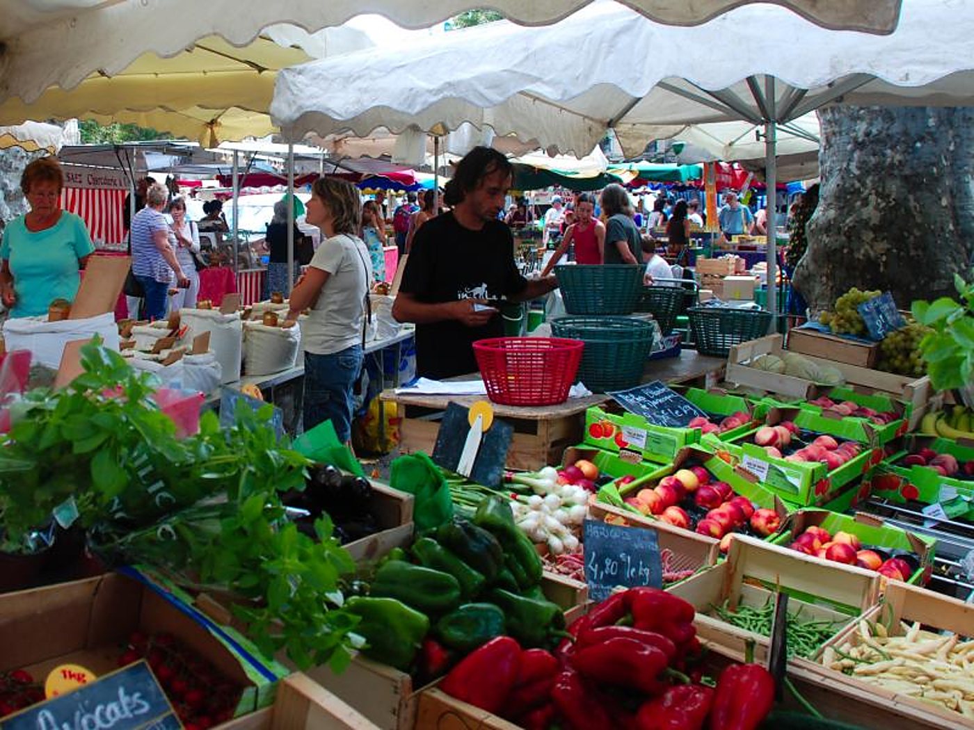 Un marchand discute avec une cliente derrière son étal de fruits et légumes colorés, sous des parasols blancs sur un marché en plein air.